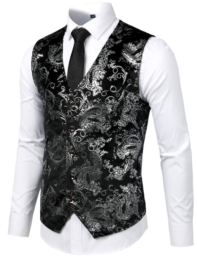 ZEROYAA Mens Hipster Silver Paisley Single Breasted Suit Dress Vest/Tuxedo Waistcoat Z49 Silver Small - Image 3